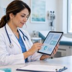Profesional utilizando registros electrónicos de salud en una clínica