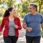 Adultos caminando en un parque para cuidar la salud del corazón