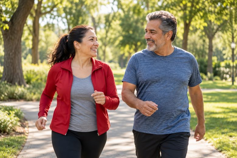 Adultos caminando en un parque para cuidar la salud del corazón