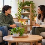 Adolescente conversando con una profesional en un ambiente de apoyo