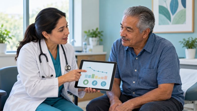 Profesional de salud explicando un resultado de A1c a un hombre adulto