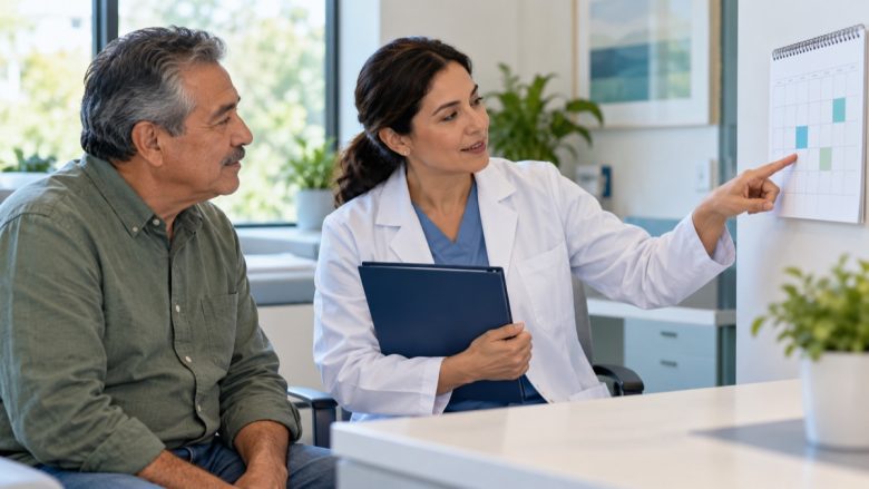 Hombre mayor conversando con una médica sobre la detección del cáncer colorrectal