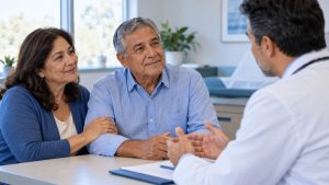 Hombre mayor conversando con su médico sobre detección del cáncer de próstata