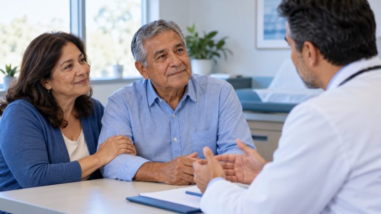 Hombre mayor conversando con su médico sobre detección del cáncer de próstata