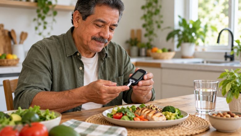 Hombre mayor revisando su salud con un medidor de glucosa y alimentos saludables