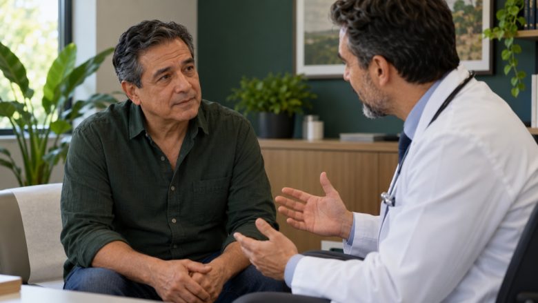 Hombre adulto conversando con confianza con un profesional de salud