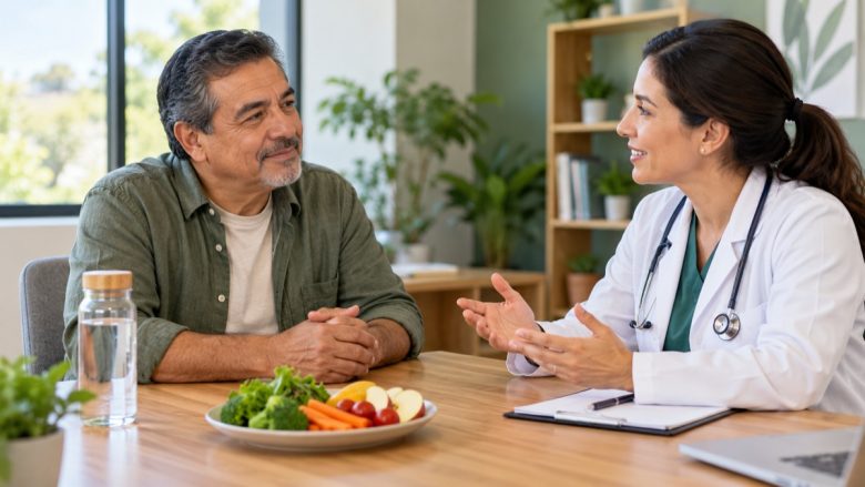 Hombre adulto conversando con una médica sobre la salud del hígado
