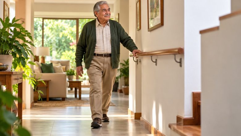 Hombre mayor caminando con seguridad en una casa bien iluminada y con pasamanos