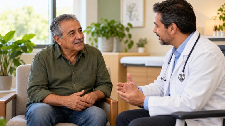Hombre mayor conversando con un profesional de salud sobre síntomas urinarios
