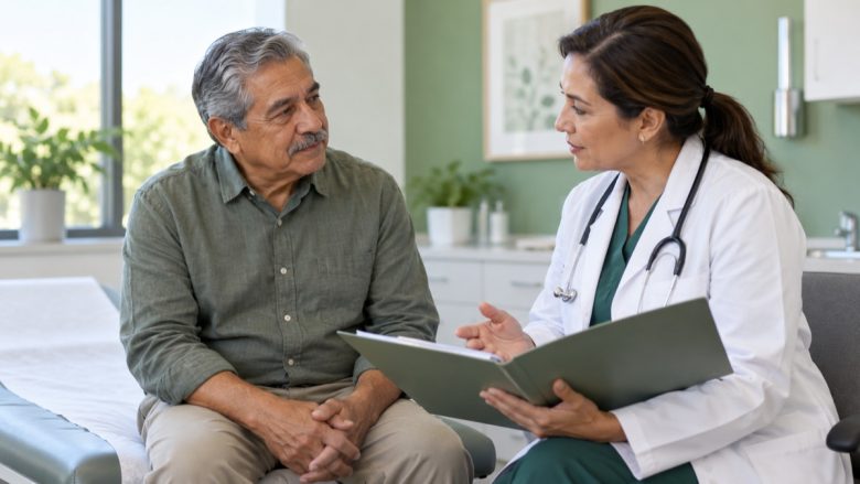 Médico explicando a un hombre mayor los resultados de un análisis de sangre